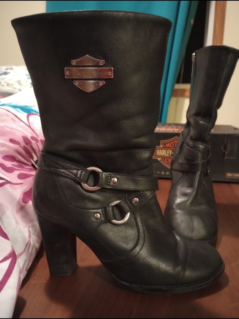 Harley-Davidson Black Leather Mid-Calf Heeled Moto Boots  Size 7